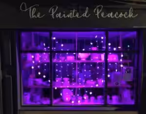 Shop window lit up purple