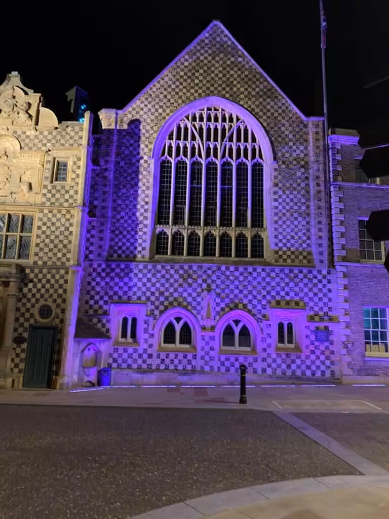Building lit up purple