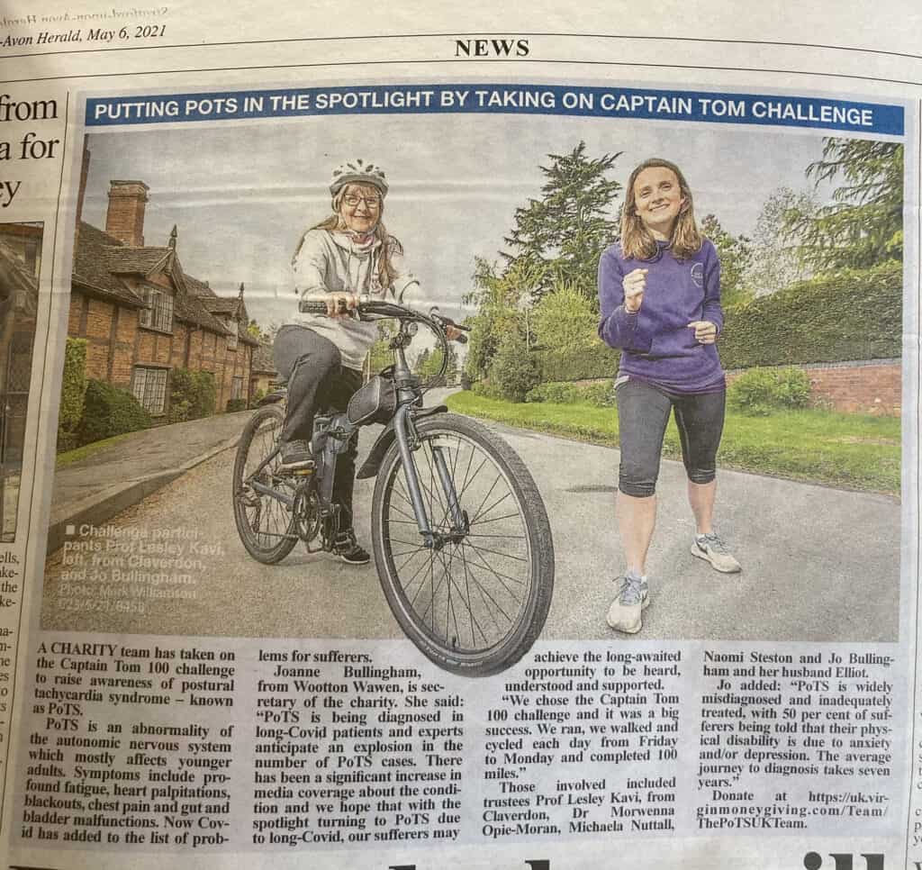 Image: A newspaper article by the Stratford Herald explaining about PoTS and the #CaptainTom100 challenge.   