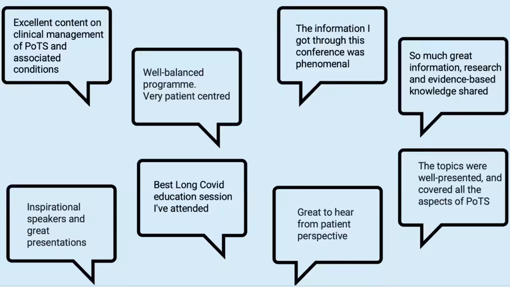 Speech bubbles containing feedback from PoTS and Long Covid Masterclass