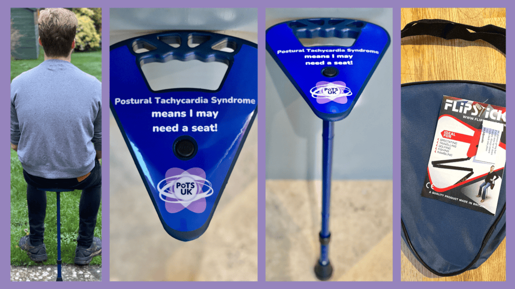 Male sitting on PoTS UK flip stick, up-close image of PoTS UK flip stick seat, another up-close image of PoTS UK flip stick, flip stick case.