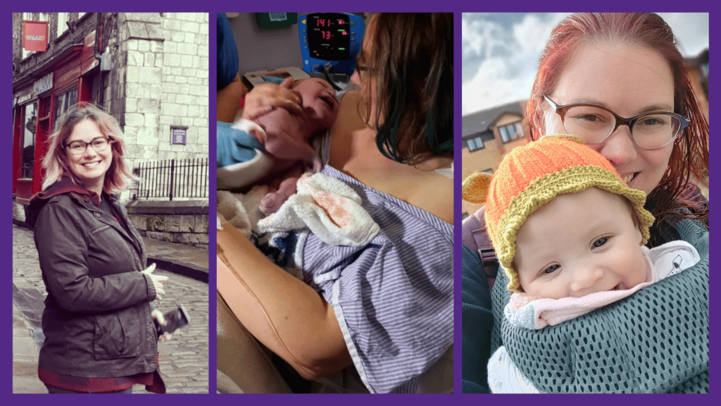 Female standing, female holding new-born baby, female and baby smiling at camera