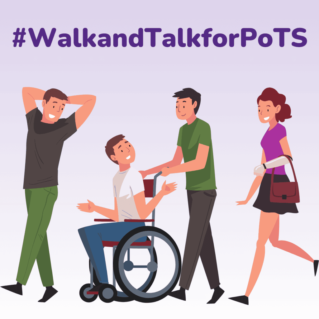 A cartoon image of Male and female walking a third male walking and pushing a fourth male in a wheelchair