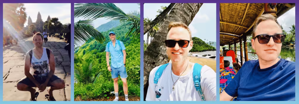 Four images of James in different locations