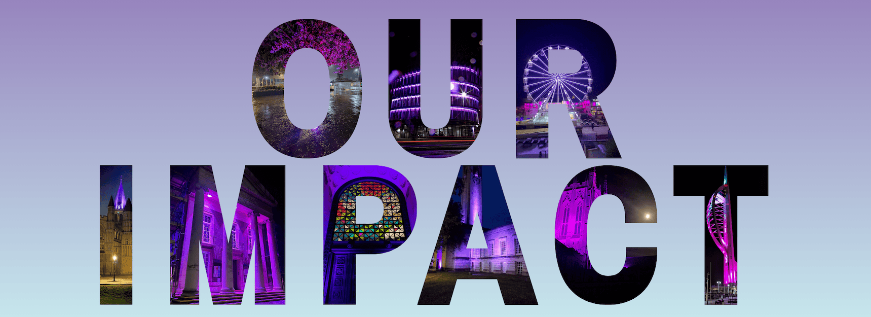 Our Impact text made of the PoTS UK building Light Up purple photos