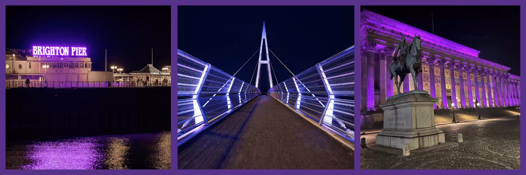3 images of buildings/landmarks lighting up in purple