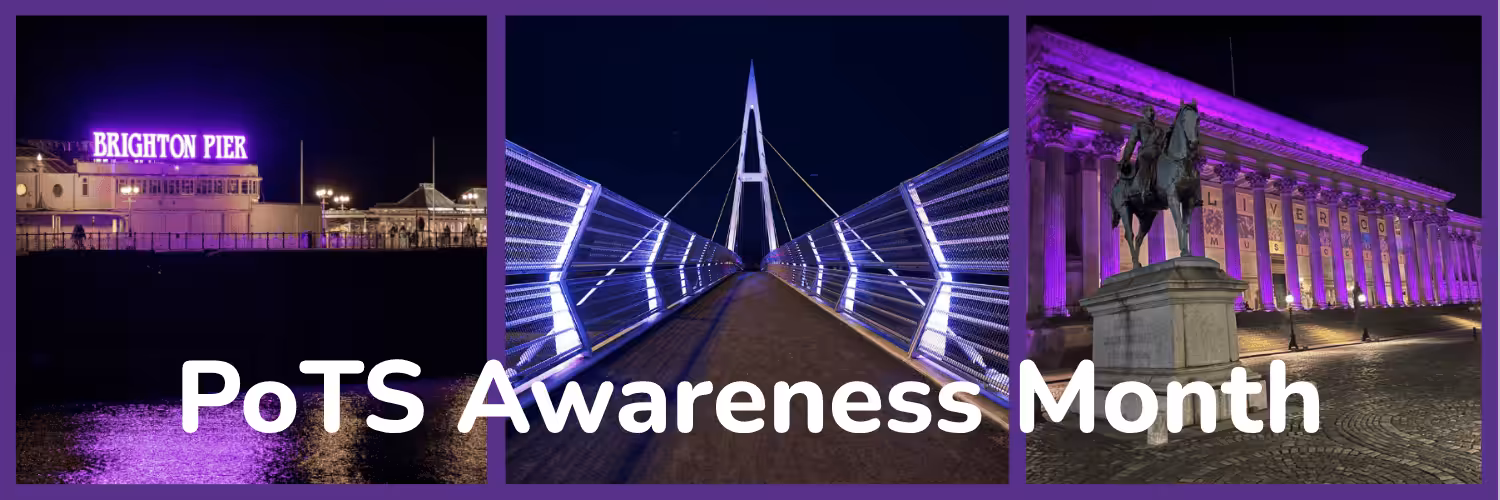 Three images of buildings lit up in purple. Text say 'PoTS Awareness Month'
